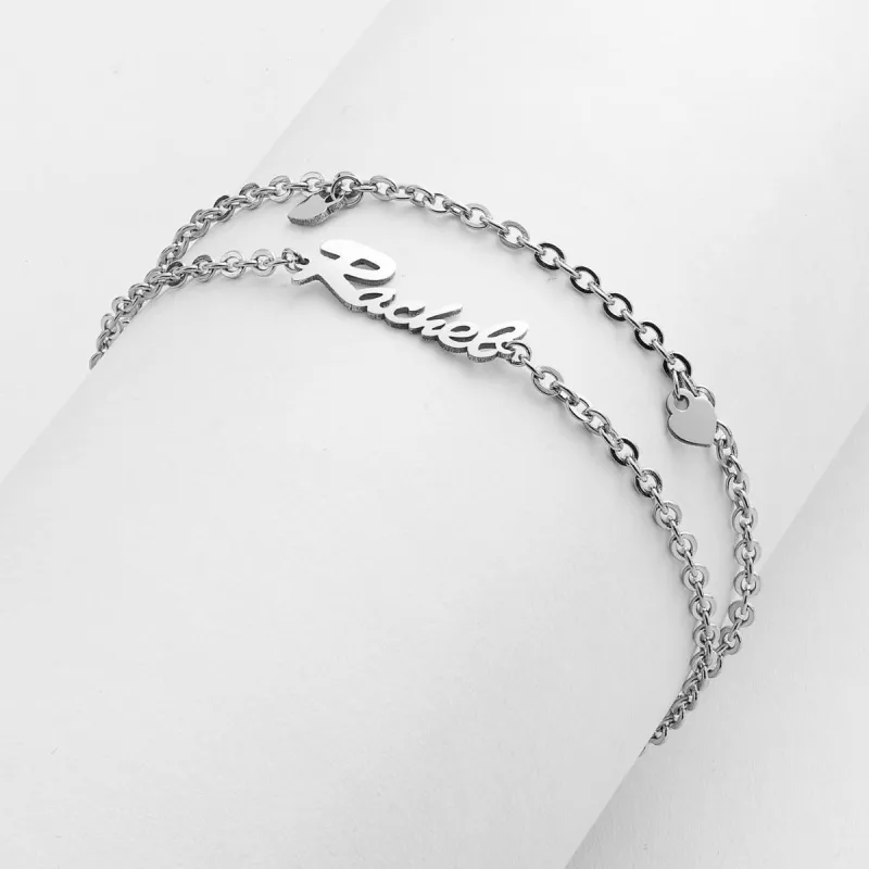 Stainless Steel Double Chain Heart Charm and Name Anklet sold by Limoges Jewelry