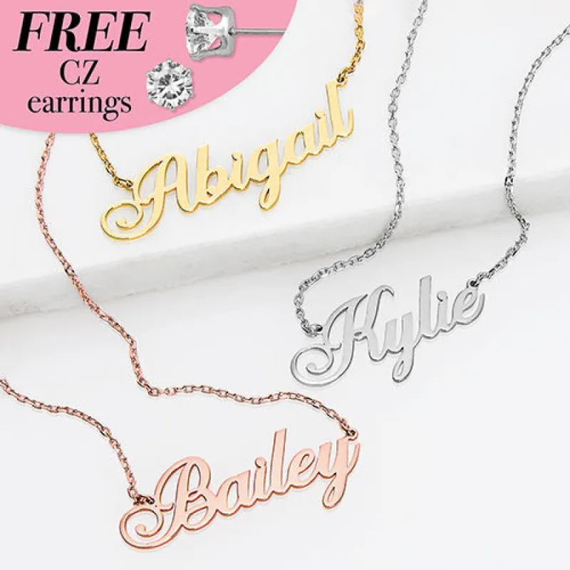 Sterling Silver Fancy Script Name Plaque with Free CZ Earrings sold by Limoges Jewelry