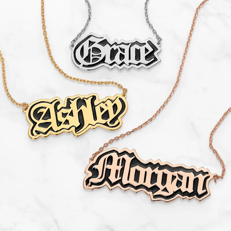 Old English Name Plaque with Black Enamel Necklace sold by Limoges Jewelry