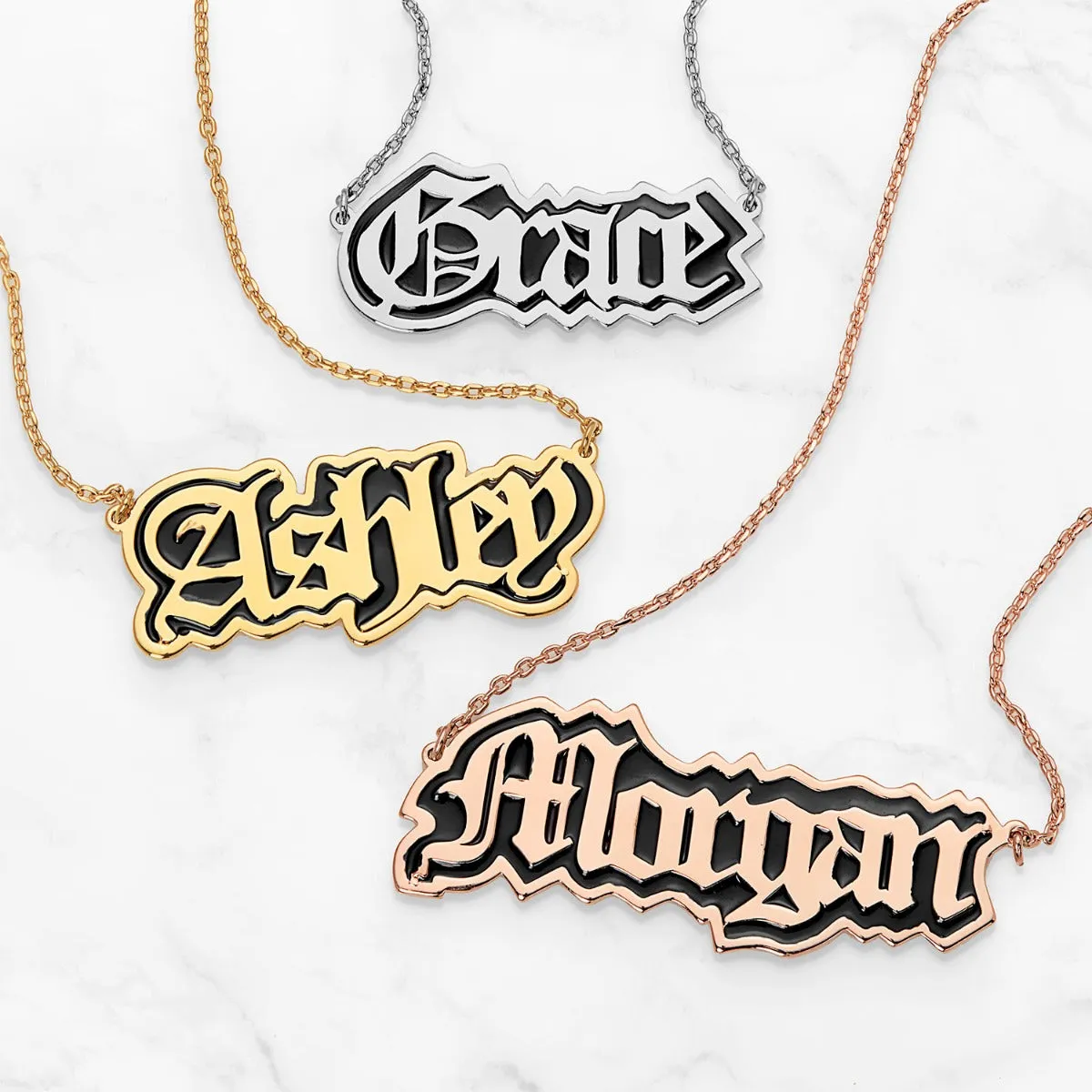 Old English Name Plaque with Black Enamel Necklace sold by Limoges Jewelry