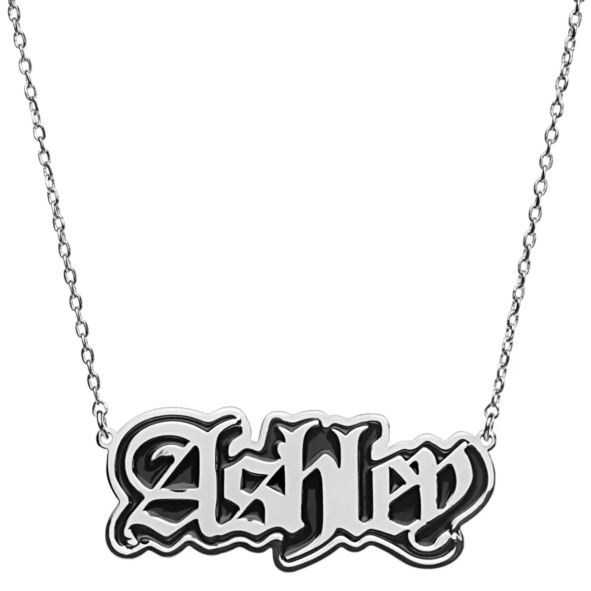 Old English Name Plaque with Black Enamel Necklace sold by Limoges Jewelry product image thumbnail 2