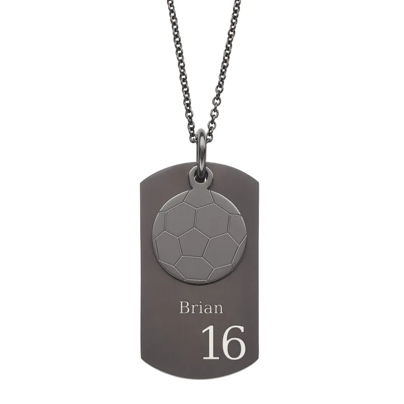 Black Stainless Steel Soccer Engraved Dog Tag Necklace sold by Limoges Jewelry