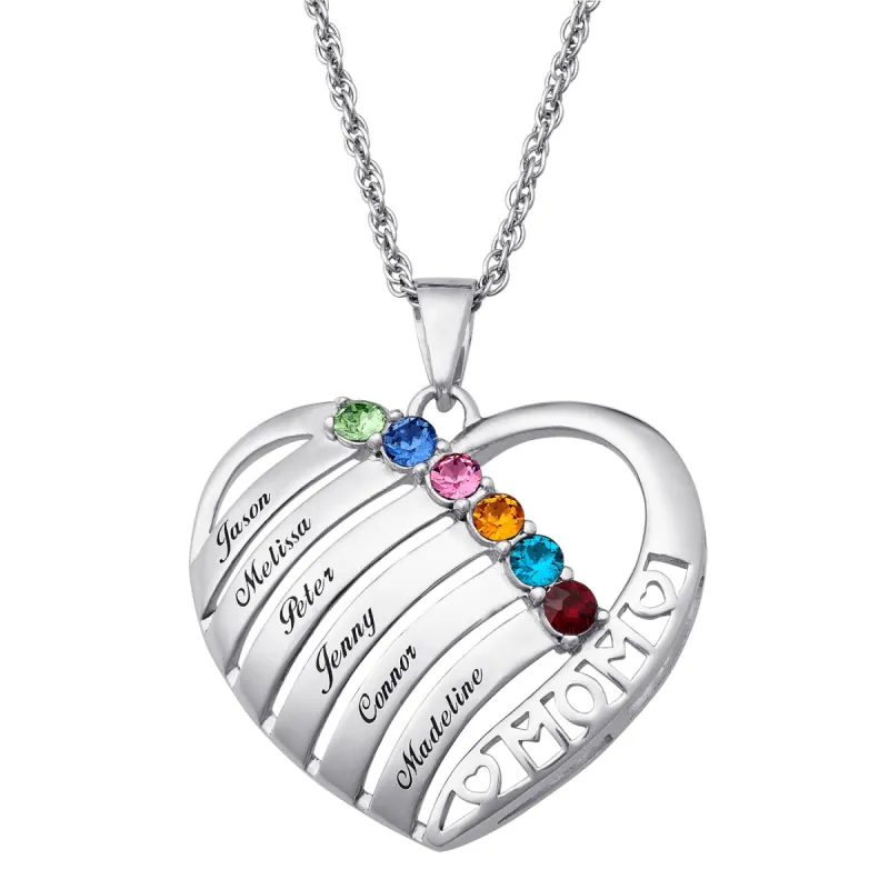 Engraved Heart Family Birthstone Necklace for Mom sold by Limoges Jewelry
