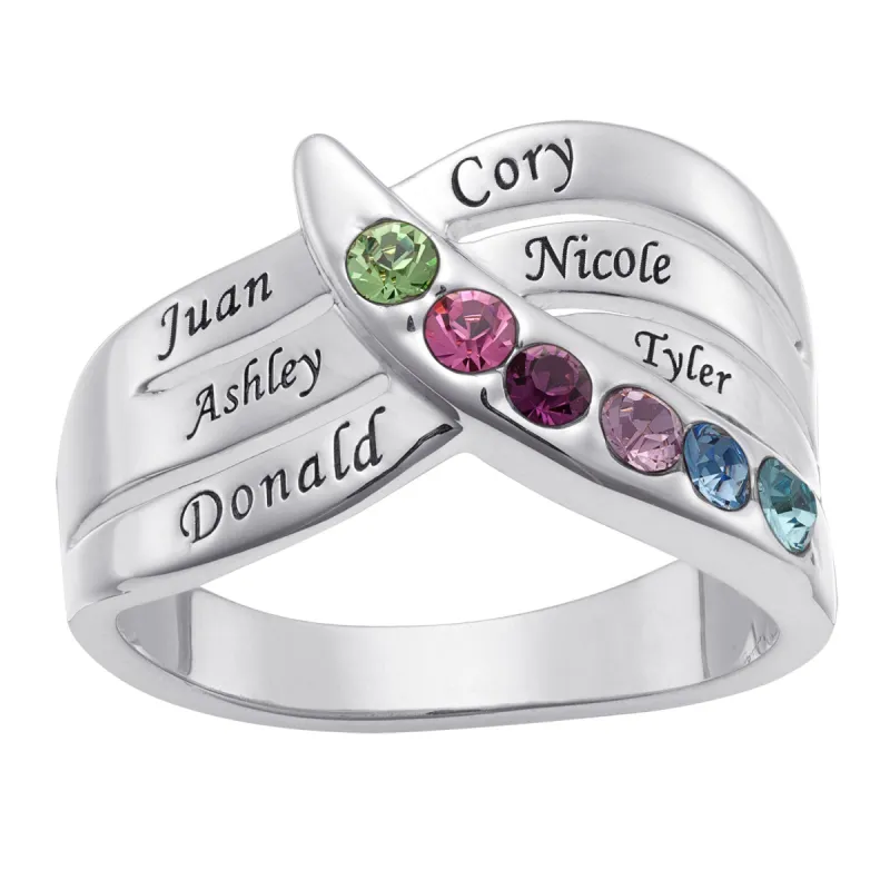 Personalized Family Cross Over Name and Birthstone Ring sold by Limoges Jewelry