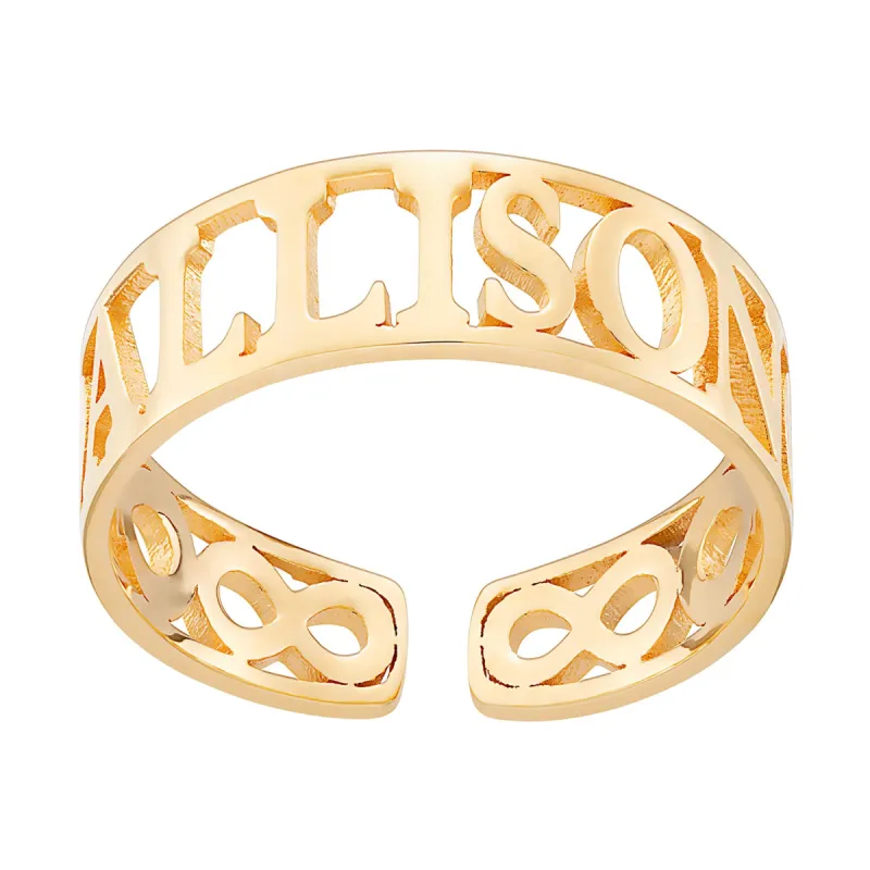 14K Gold over Sterling Name with Open Infinity Ring sold by Limoges Jewelry
