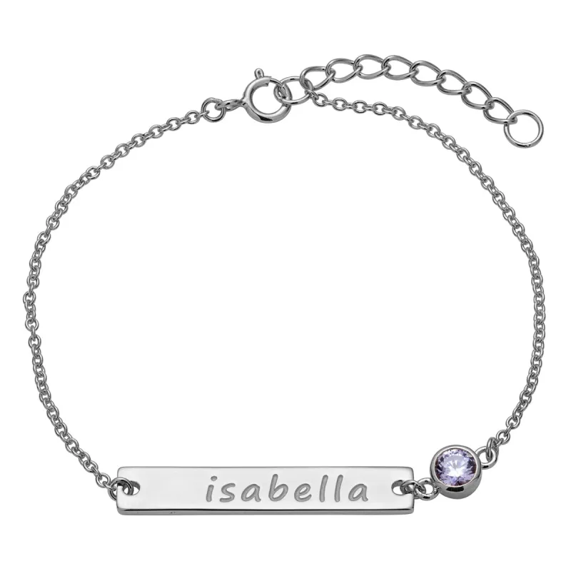 Sterling Silver Engraved Name Bar and Birthstone Bracelet sold by Limoges Jewelry