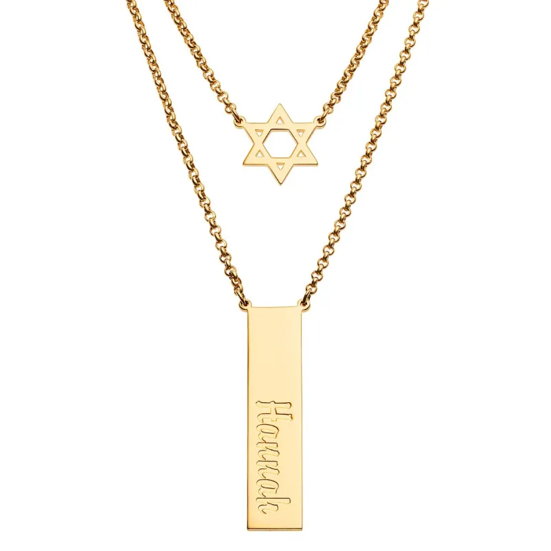 14K Gold Plated Engraved Name Bar and Star of David Layered Double Necklace sold by Limoges Jewelry