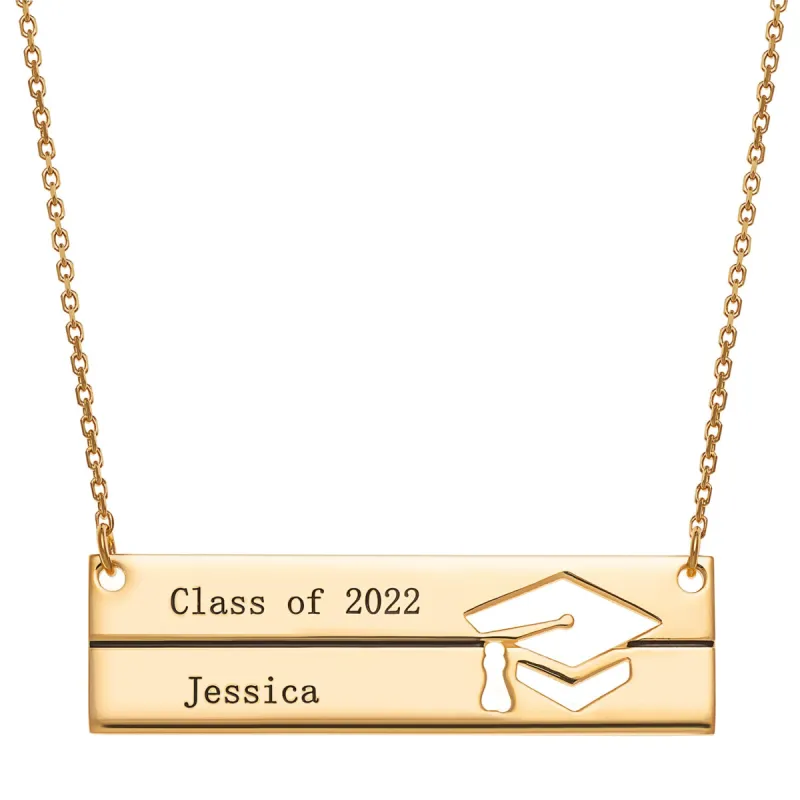 14K Gold over Sterling Engraved Graduation Bar Necklace sold by Limoges Jewelry