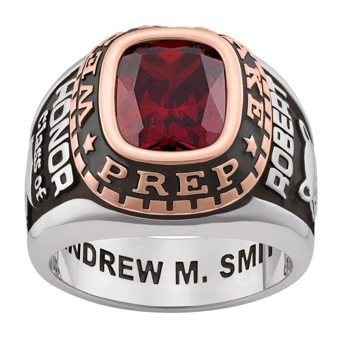 Men's 2-Tone Silver and 14K Rose Gold over Sterling Birthstone Class Ring sold by Limoges Jewelry