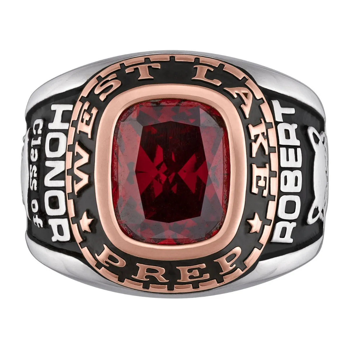 Men's 2-Tone Silver and 14K Rose Gold over Sterling Birthstone Class Ring sold by Limoges Jewelry product image thumbnail 2