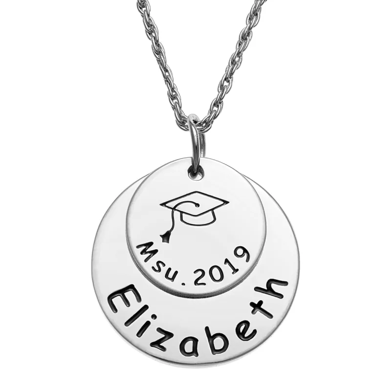 Sterling Silver Graduation Double Disc with Engraved Grad Cap Necklace sold by Limoges Jewelry