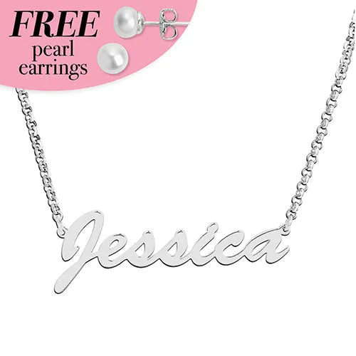 Sterling Silver Hollywood Script Name with Free Freshwater Pearl Earrings sold by Limoges Jewelry