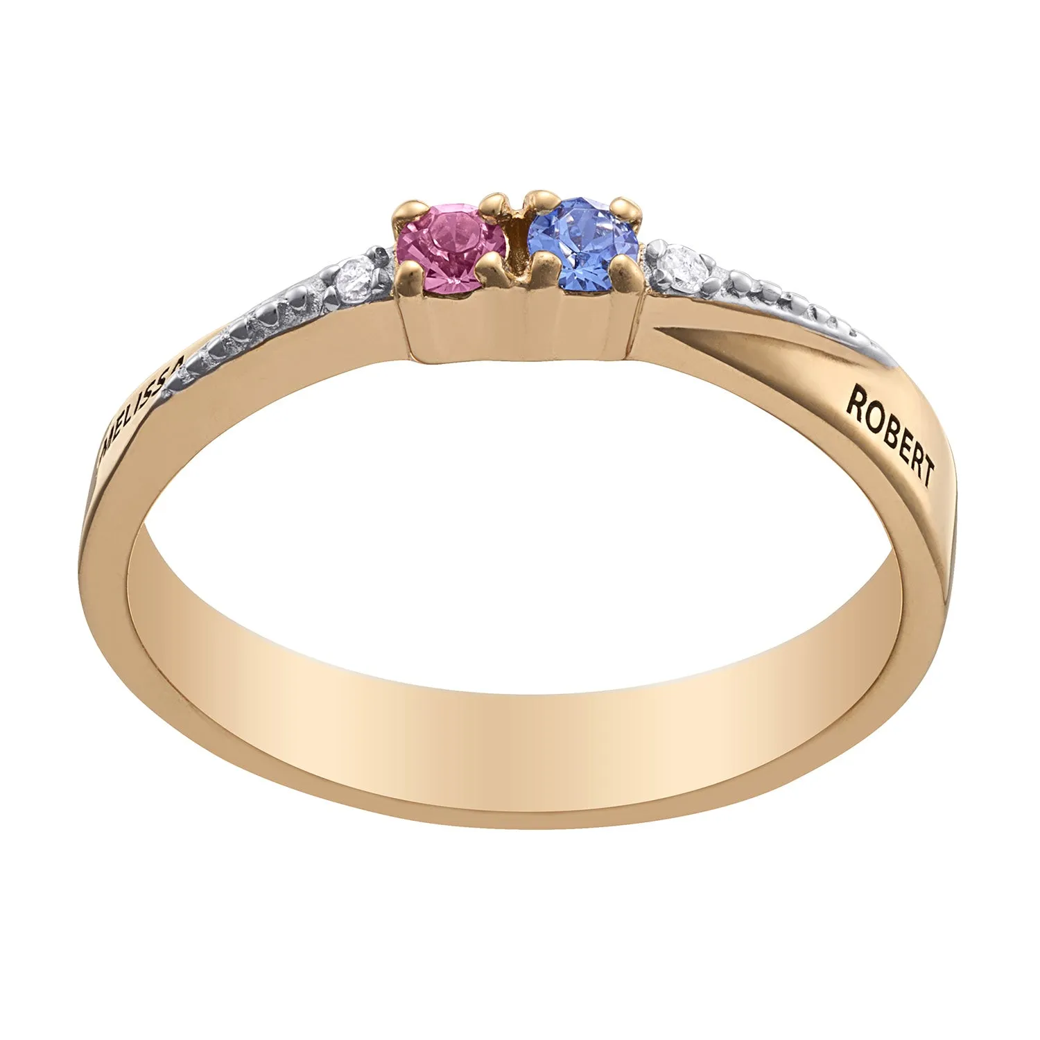 14K Gold over Sterling Couples Name and Birthstone Ring with Diamond Accent sold by Limoges Jewelry