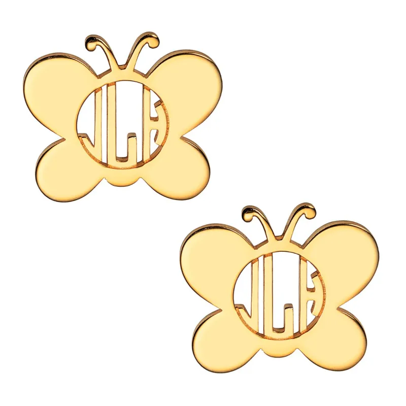 14K Gold Plated Butterfly Monogram Button Earring sold by Limoges Jewelry