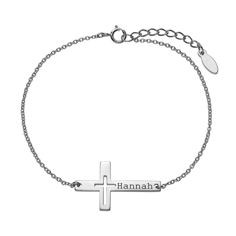 Sterling Silver Engraved Name Cross with Cutout Bracelet sold by Limoges Jewelry