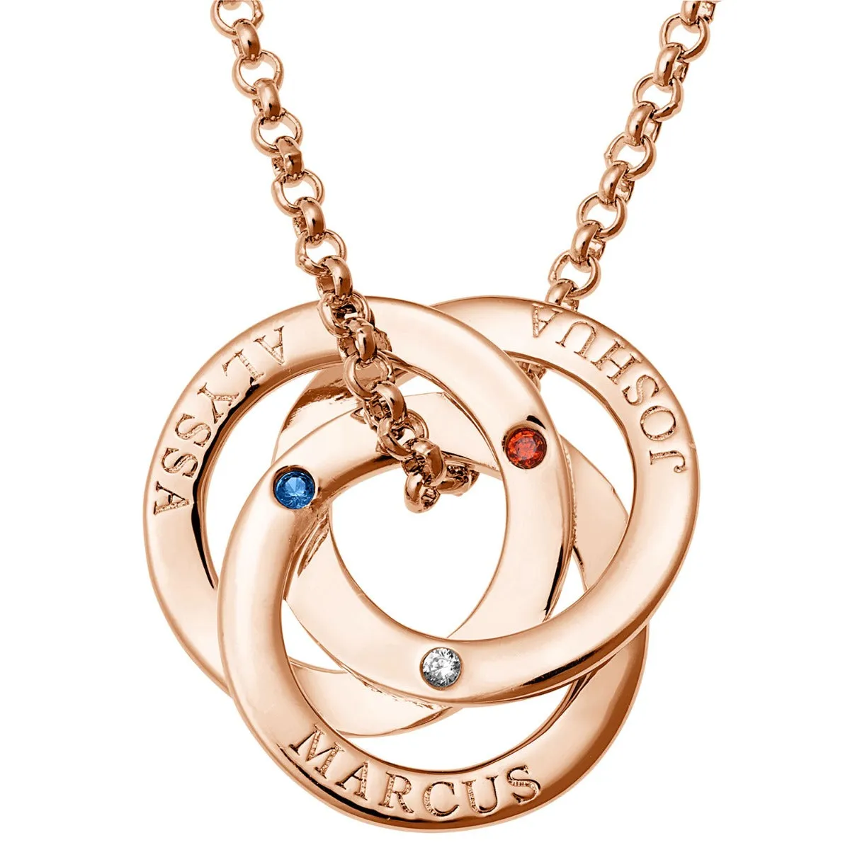 14K Rose Gold Plated Interlocking Rings with Birthstones Name Necklace sold by Limoges Jewelry product image thumbnail 2