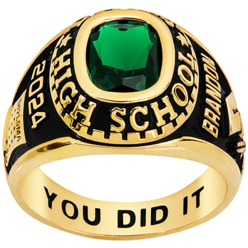 Men's Yellow CELEBRIUM Traditional Cushion Birthstone Class Ring sold by Limoges Jewelry