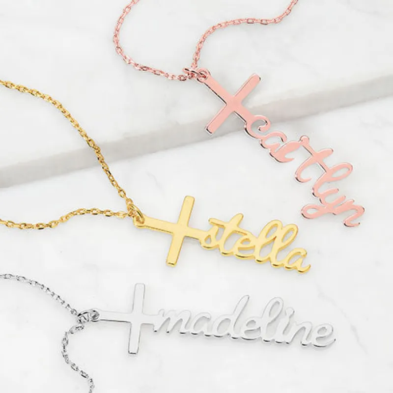 Sterling Silver Lowercase Script Name Cross Necklace sold by Limoges Jewelry