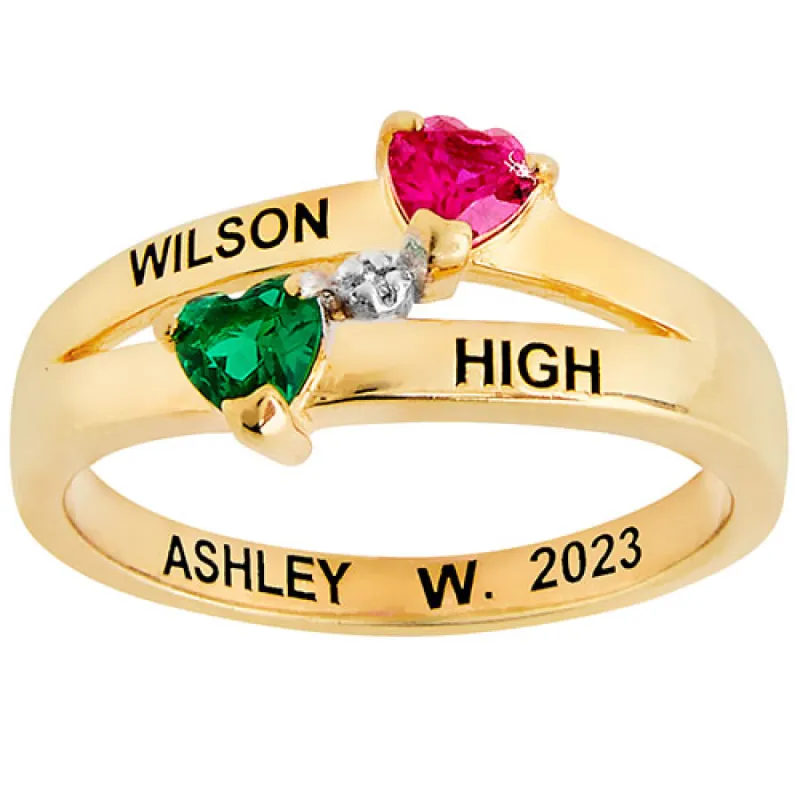 14K Gold Plated Double Birthstone Heart Diamond Accent Class Ring sold by Limoges Jewelry