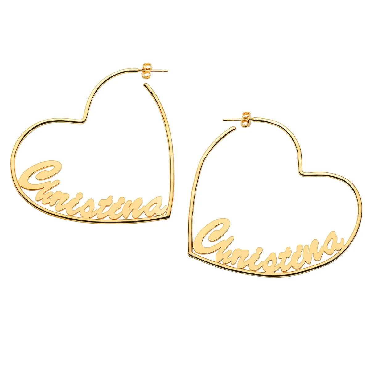 14K Gold Plated Personalized Script Nameplate Large Heart Hoop Earrings sold by Limoges Jewelry