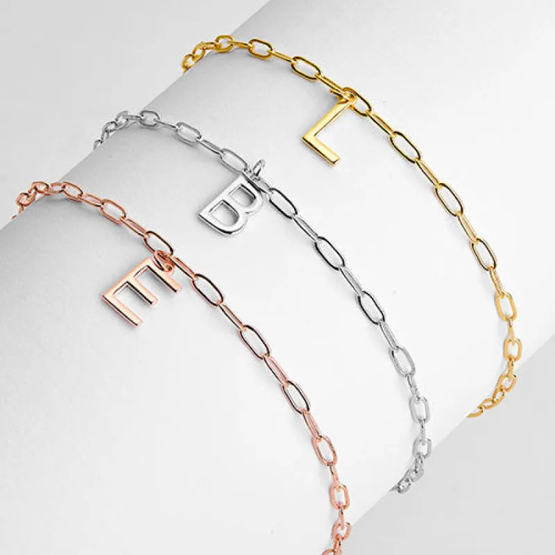 Sterling Silver Initial Charm Paperclip Chain Bracelet sold by Limoges Jewelry