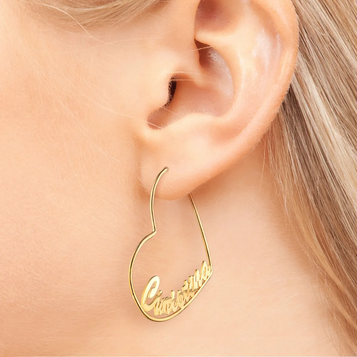 14K Gold Plated Personalized Script Nameplate Large Heart Hoop Earrings sold by Limoges Jewelry product image thumbnail 2