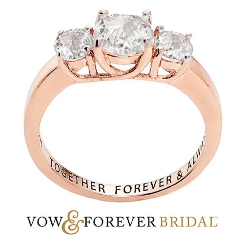 14K Rose Gold over Sterling Brilliant White Topaz Three Stone Engraved Wedding Ring sold by Limoges Jewelry