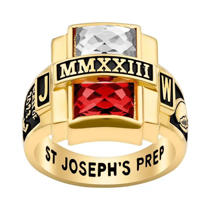Men's 14K Gold over Sterling Double Birthstone Rectangle Class Ring sold by Limoges Jewelry