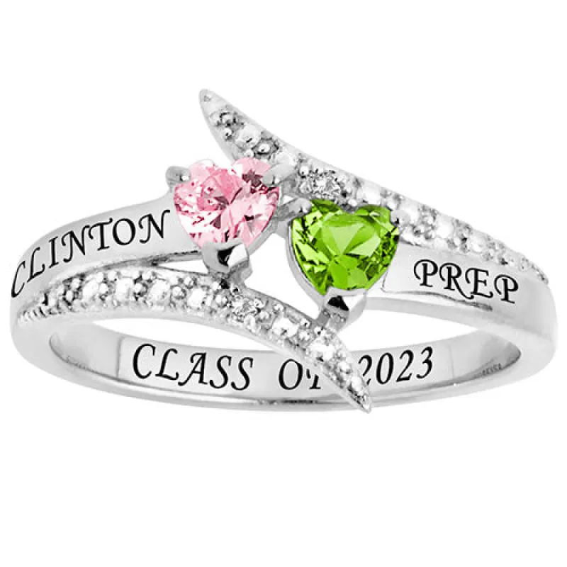 Silver Plated Double Heart Birthstone Bypass Diamond Accent Class Ring sold by Limoges Jewelry
