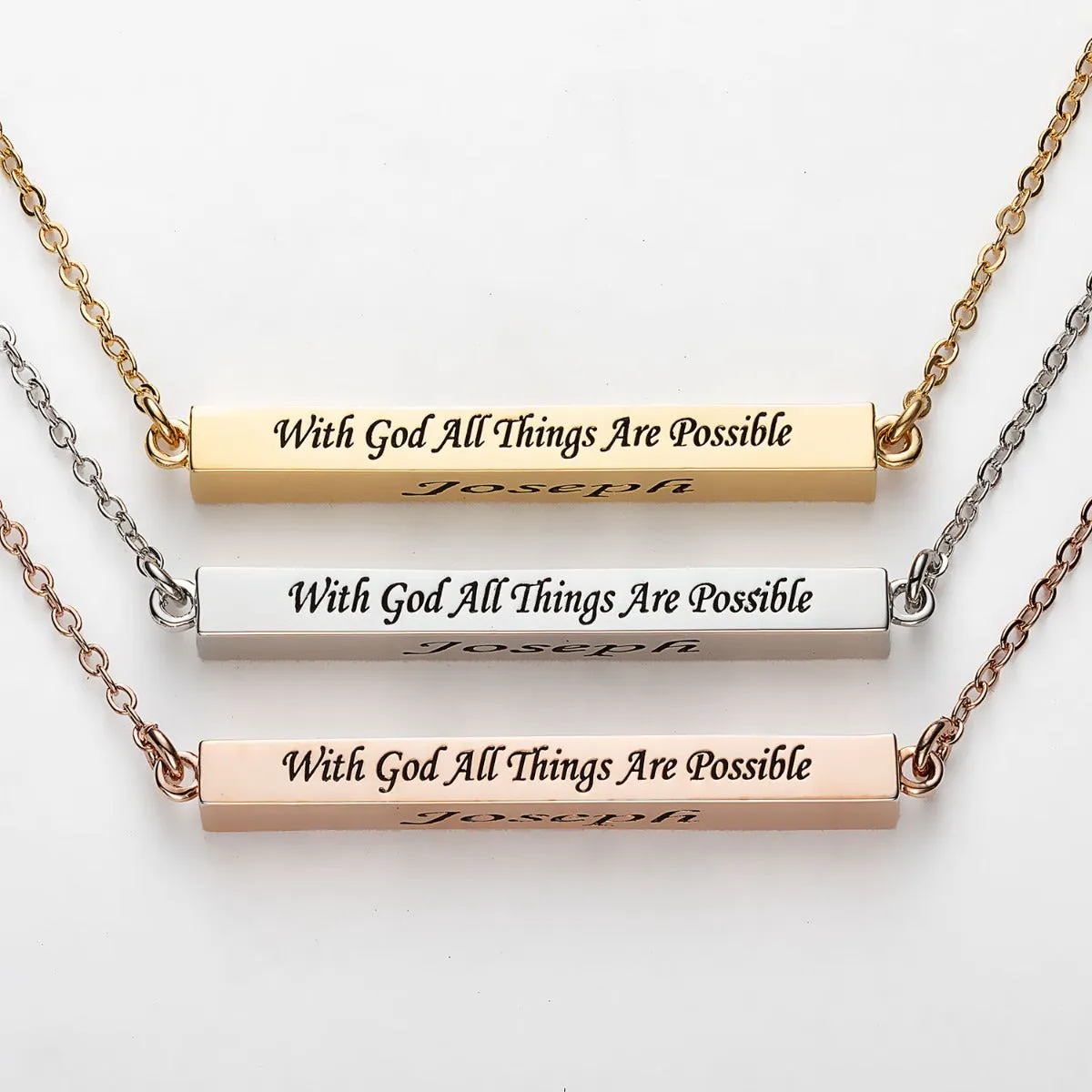 Horizontal 4-sided Bar 'With God' Engraved Name Necklace sold by Limoges Jewelry
