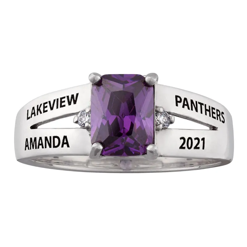 Sterling Silver Freestyle Emerald-cut Birthstone and Diamond Accents Class Ring sold by Limoges Jewelry