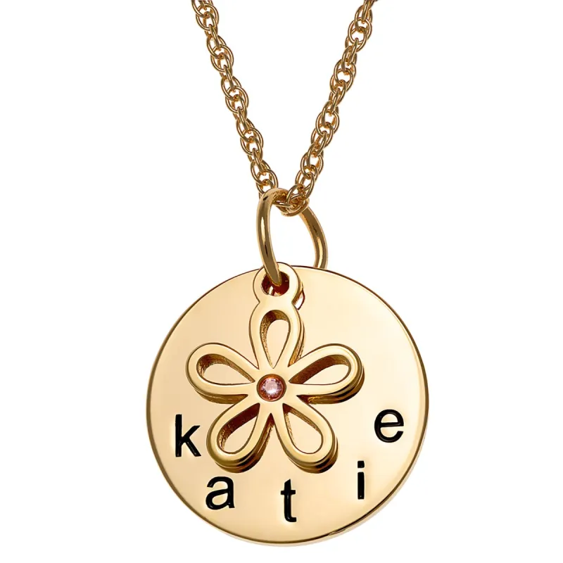 14K Gold over Sterling Name Disc with Birthstone Flower Charm Necklace sold by Limoges Jewelry