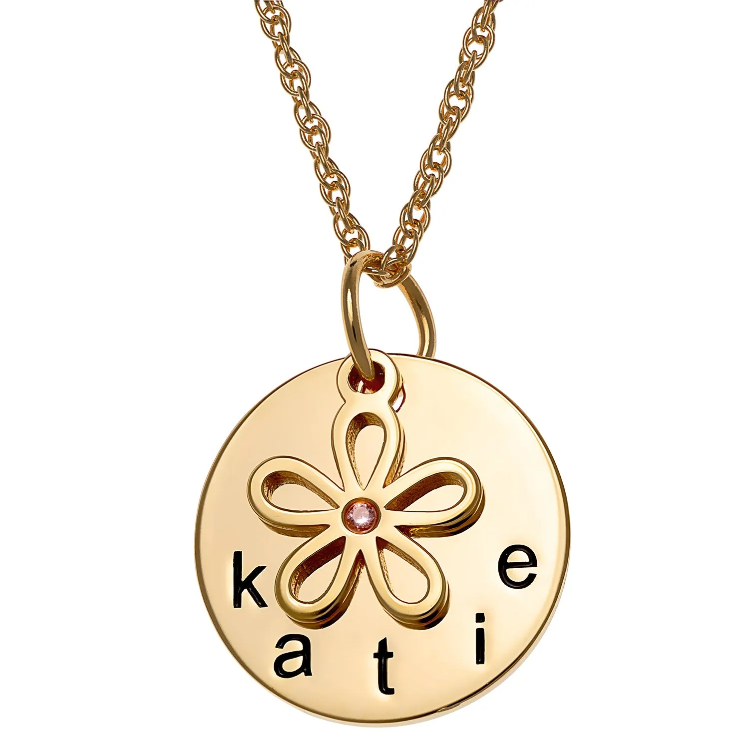 14K Gold over Sterling Name Disc with Birthstone Flower Charm Necklace sold by Limoges Jewelry
