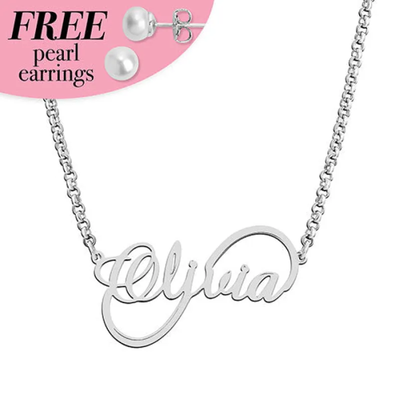 Sterling Silver Scrpt Infinity Name with Free Freshwater Pearl Earrings sold by Limoges Jewelry