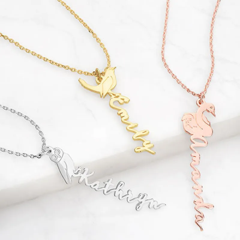 Personalized Vertical Script Name with Birthmonth Bird Necklace sold by Limoges Jewelry