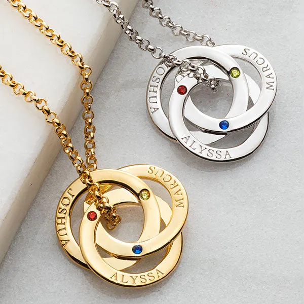 Silver Plated Interlocking Rings with Birthstones Name Necklace sold by Limoges Jewelry