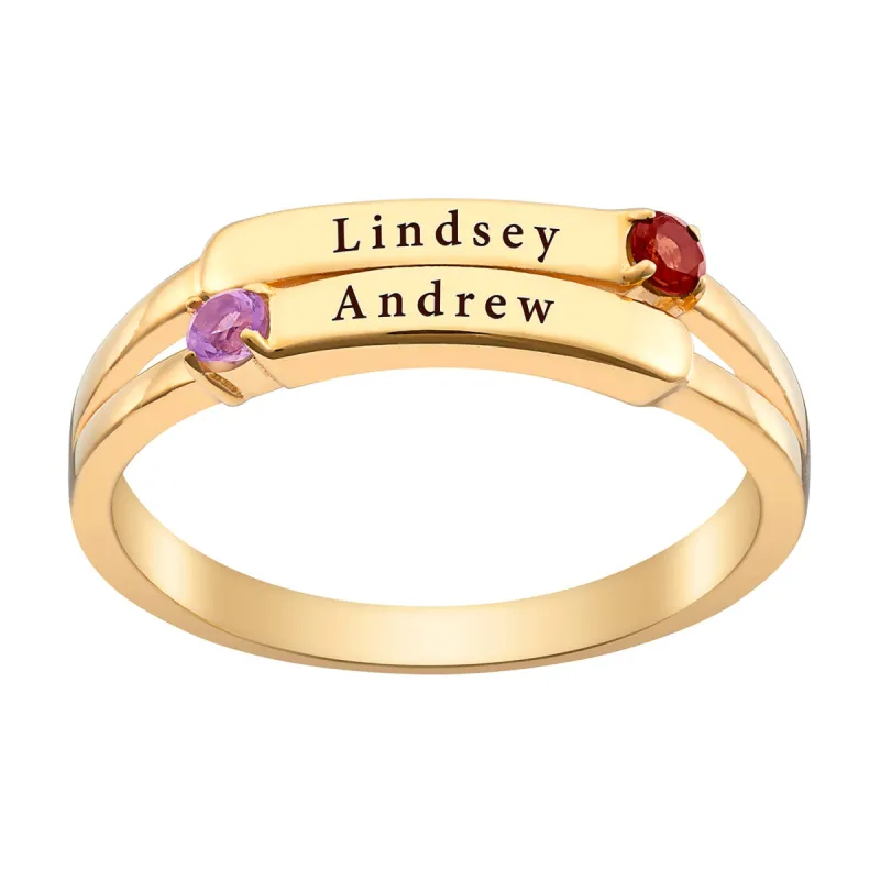 14K Gold over Sterling Engraved Double Name and Birthstone Ring sold by Limoges Jewelry