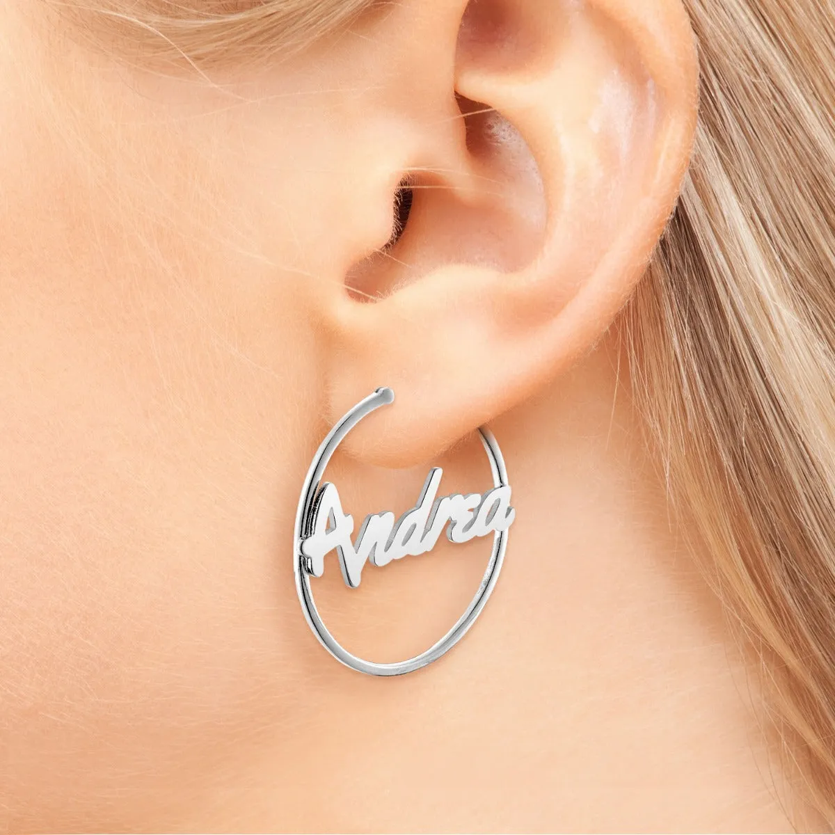 Personalized Bold Script Name Medium Hoop Earrings sold by Limoges Jewelry product image thumbnail 4
