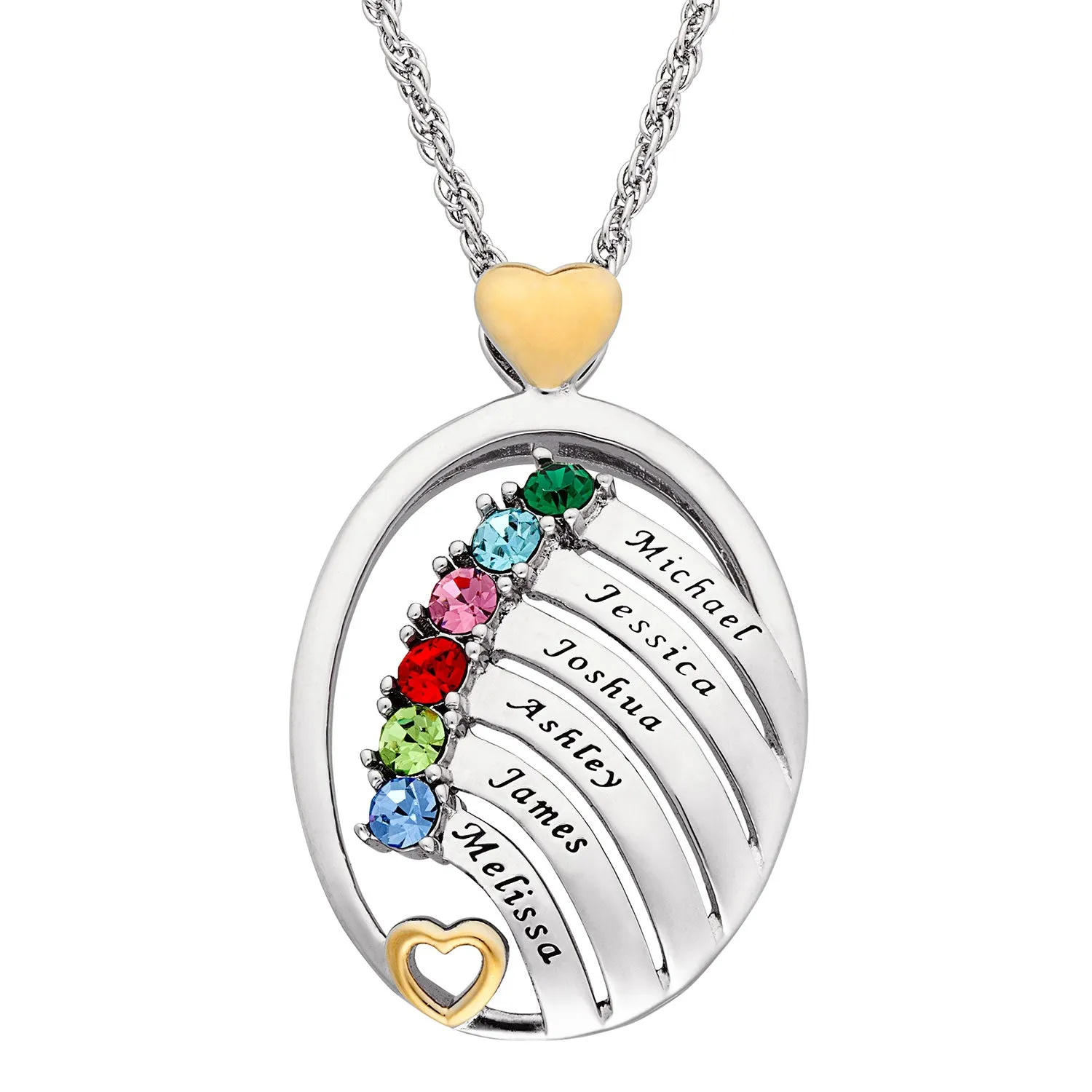 Sterling Silver Two-Tone Oval Name and Birthstone Hearts Pendant sold by Limoges Jewelry