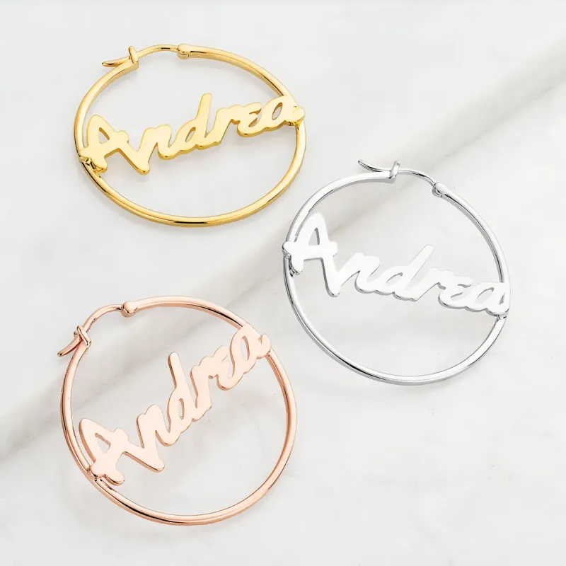 Personalized Bold Script Name Medium Hoop Earrings sold by Limoges Jewelry