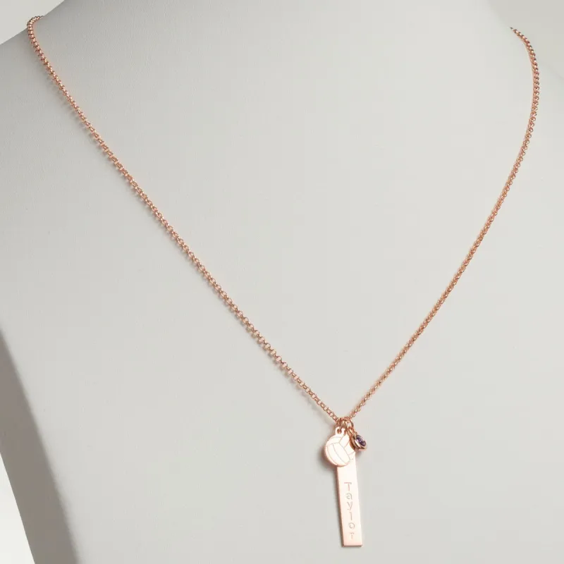 14K Rose Gold Plated Name Necklace with Volleyball Charm and Birthstone Dangle made by Limoges Jewelry