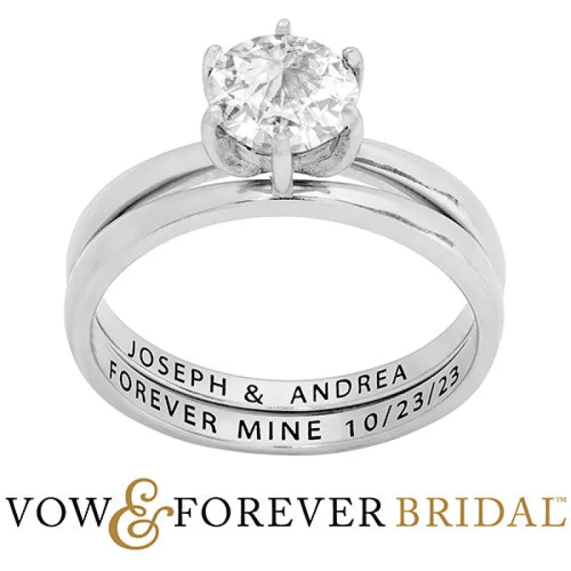 Platinum over Sterling Round White Topaz 2-Piece Engraved Wedding Ring Set sold by Limoges Jewelry