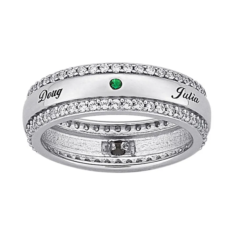 Sterling Silver Mother's Name & Birthstone Band with CZ Edging sold by Limoges Jewelry