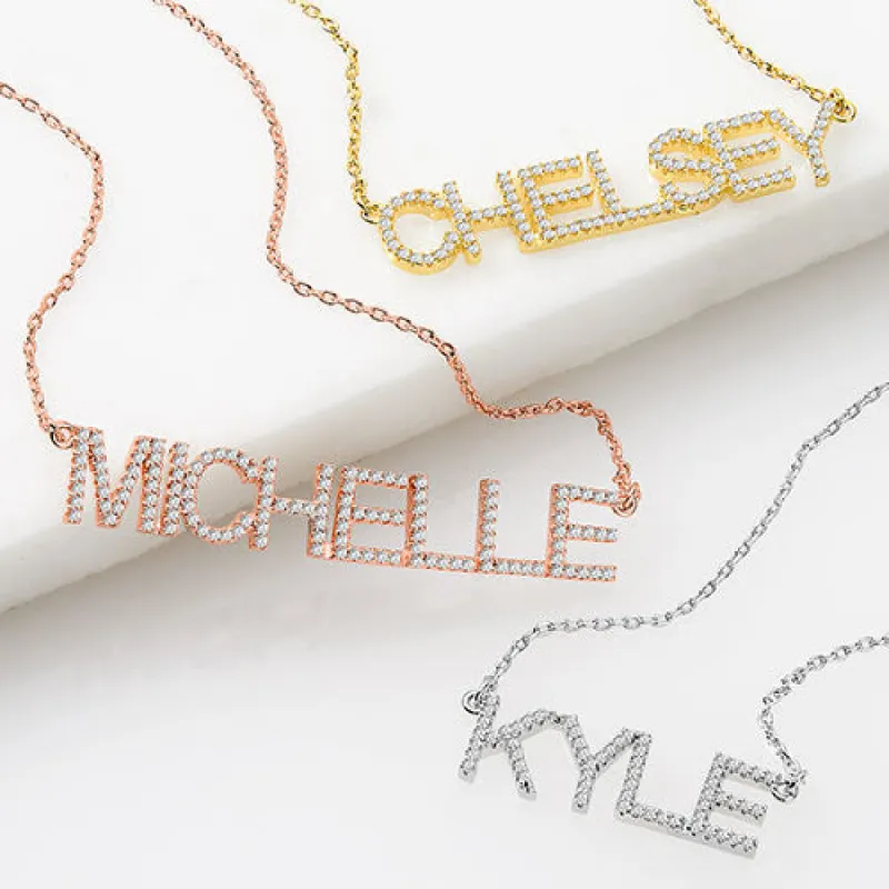 Pave CZ Uppercase Name Plaque Necklace sold by Limoges Jewelry