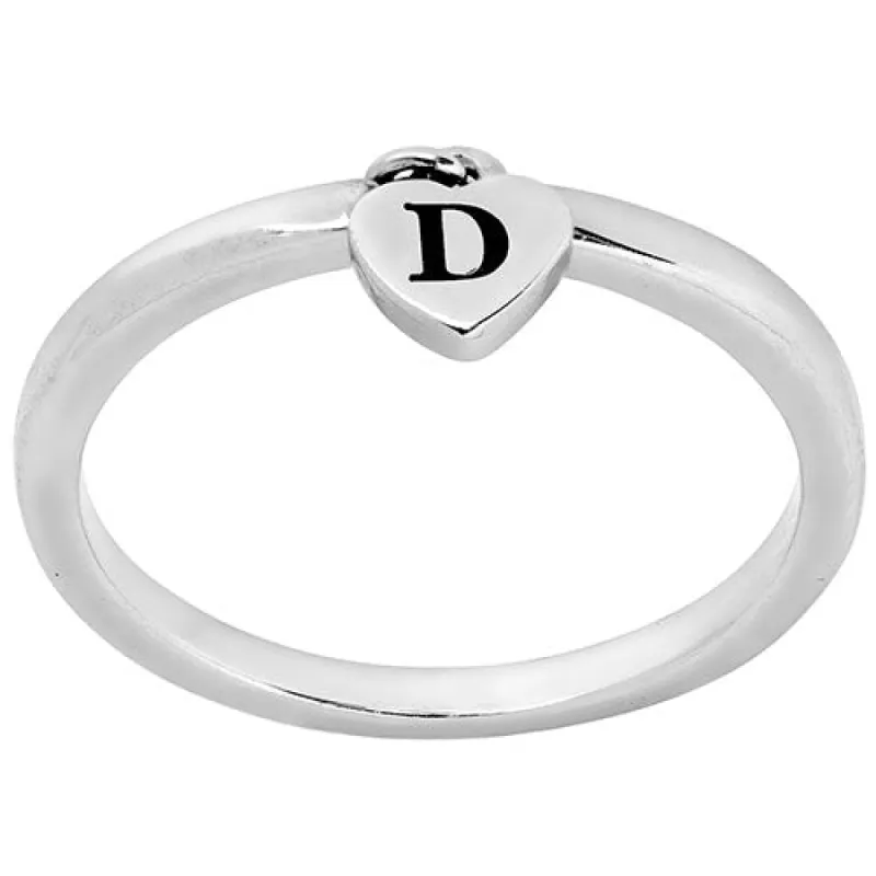 Rhodium Plated Stackable Initial Heart Charm Ring sold by Limoges Jewelry