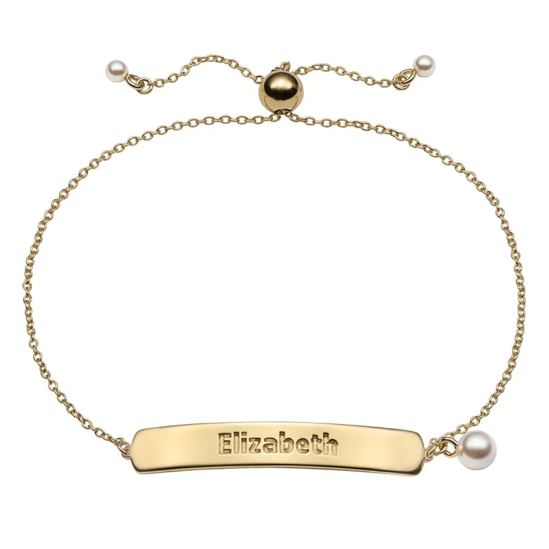 14K Gold over Sterling Adjustable Name Plaque Bracelet with Pearl sold by Limoges Jewelry
