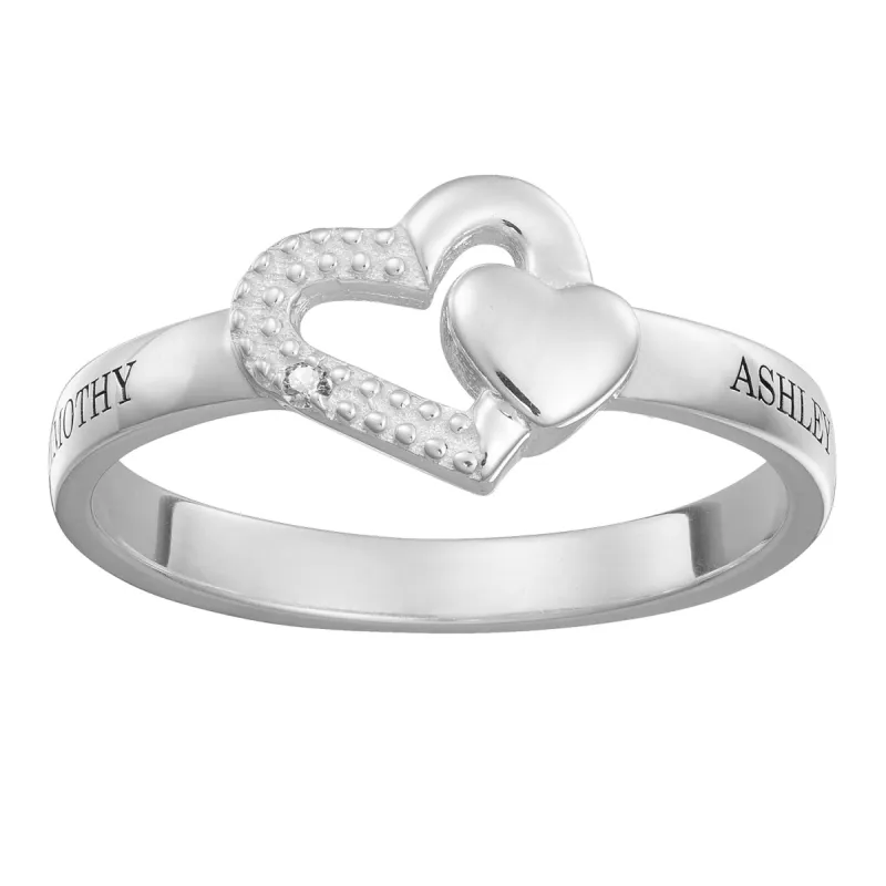 Sterling Silver Couple's Engraved Double Heart Diamond Accent Ring sold by Limoges Jewelry