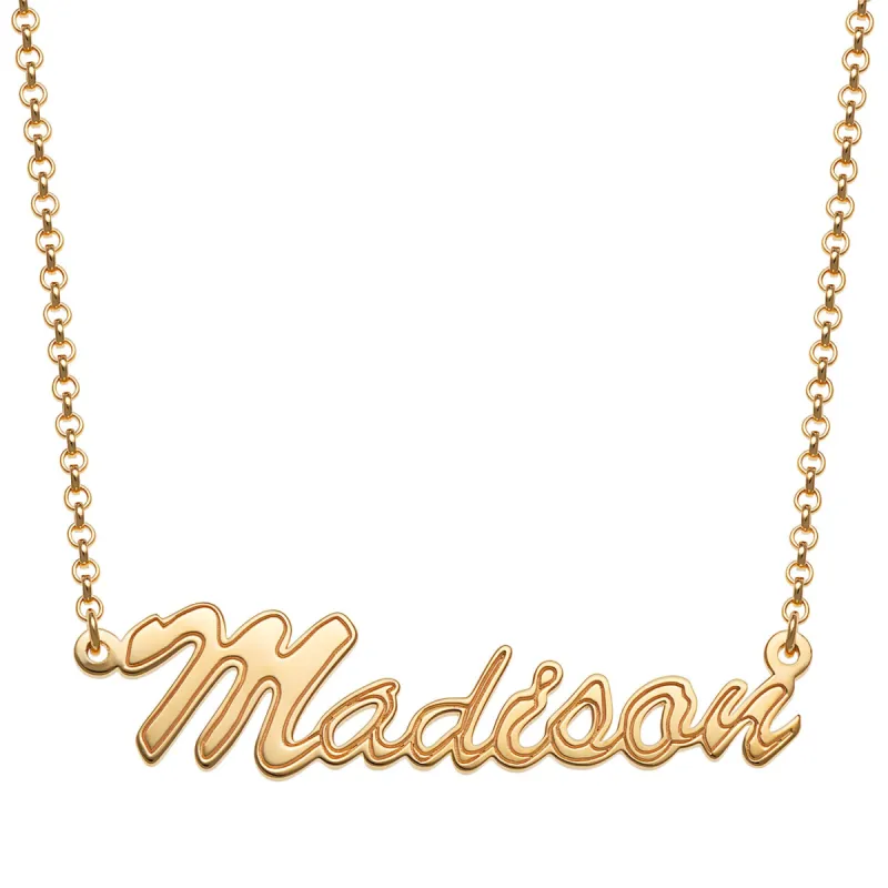 14K Gold over Sterling Script Name with Outline Necklace sold by Limoges Jewelry