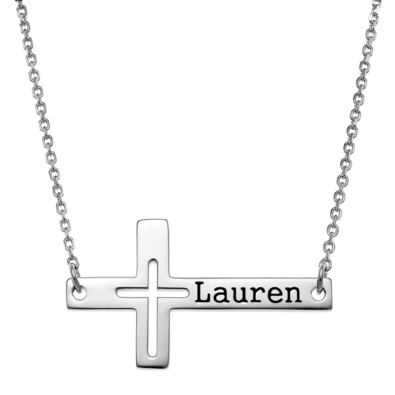 Sterling Silver Engraved Name Sideways Cross Necklace sold by Limoges Jewelry