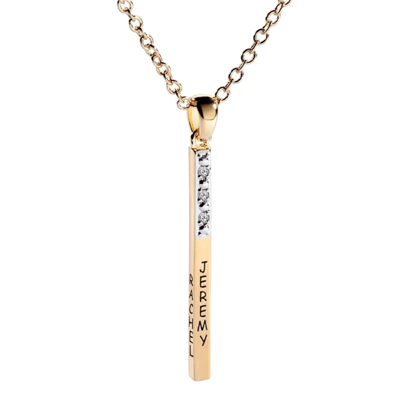 14K Gold over Sterling Family Name 3 Sided Bar Pendant with Diamonds sold by Limoges Jewelry